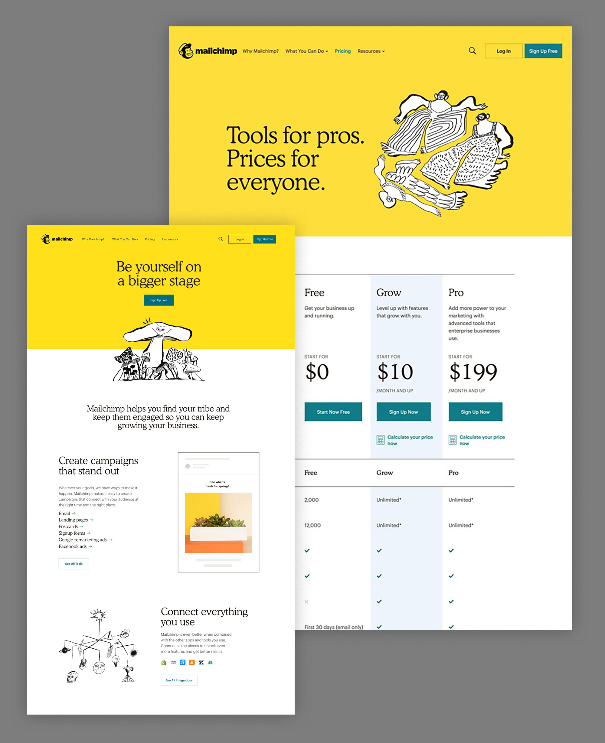 A few page designs of Mailchimp's website